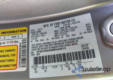 2021 Ford Bronco Sport из США, поврежденный, VIN 3FMCR9A68MRA40015